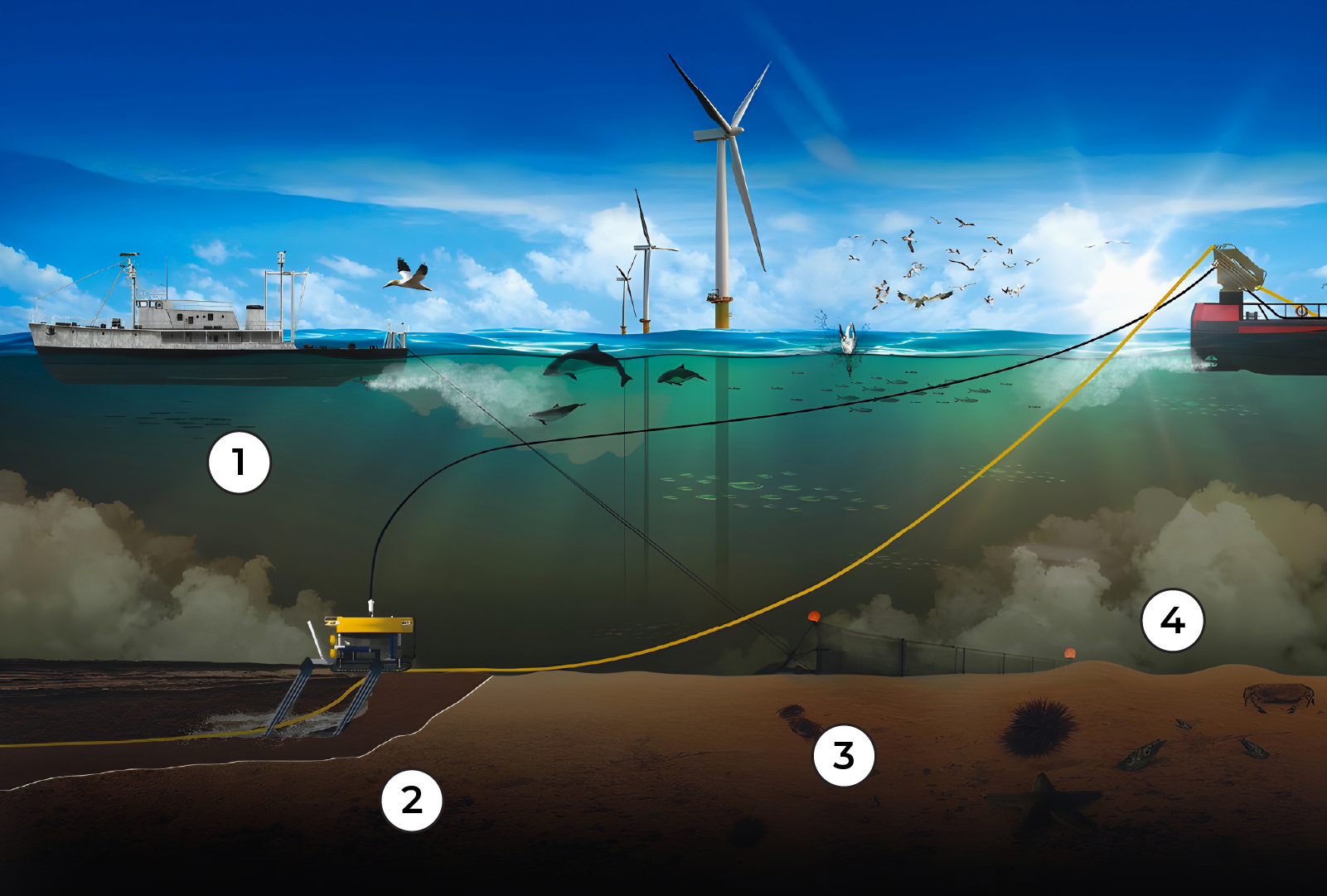 Numbered illustration showing offshore activities disturbing seabed sediments and putting marine wildlife and blue carbon stores at risk.