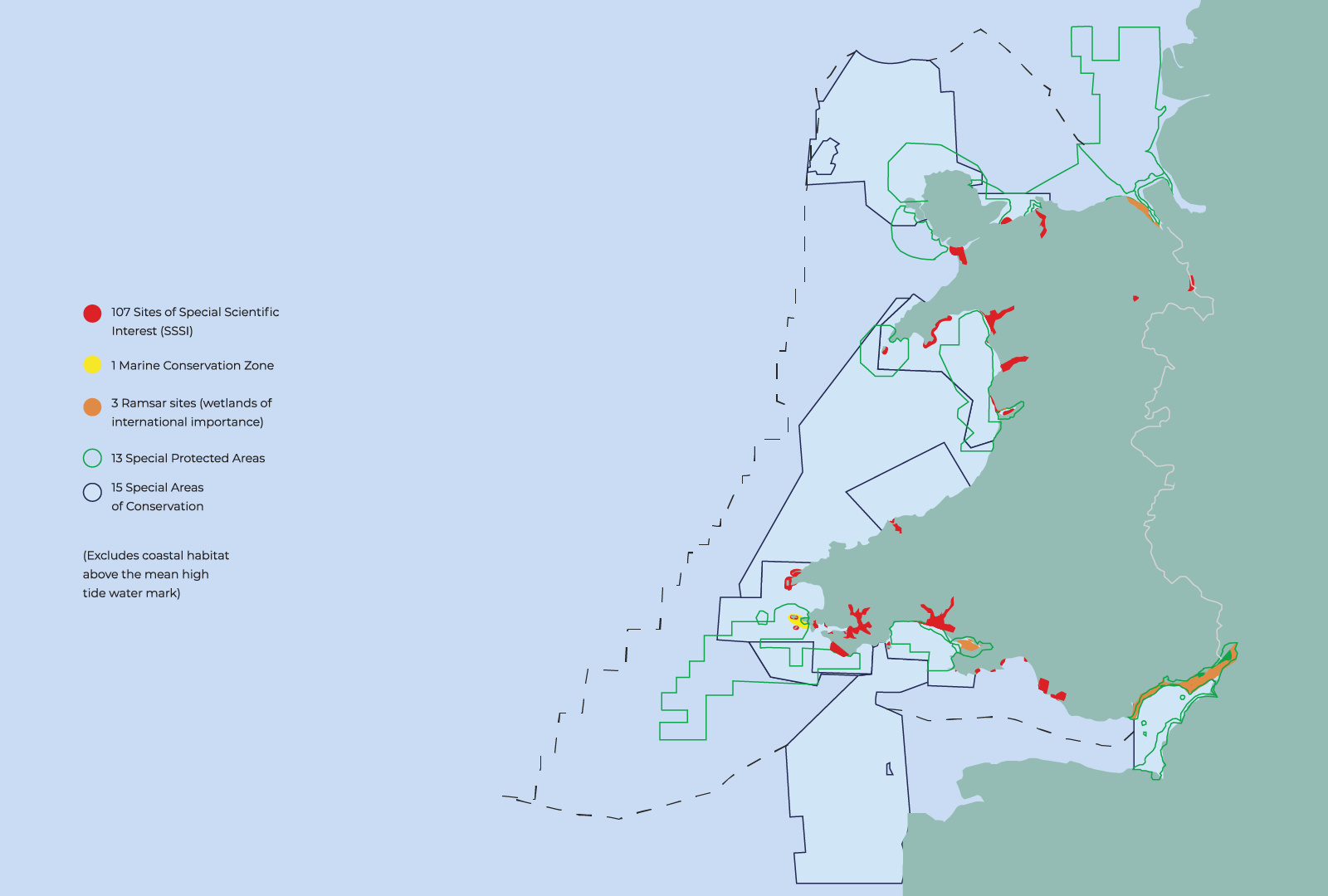 Map showing designated marine and coastal conservation sites around Wales, including SSSIs, Ramsar sites, Special Protected Areas and Special Areas of Conservation.