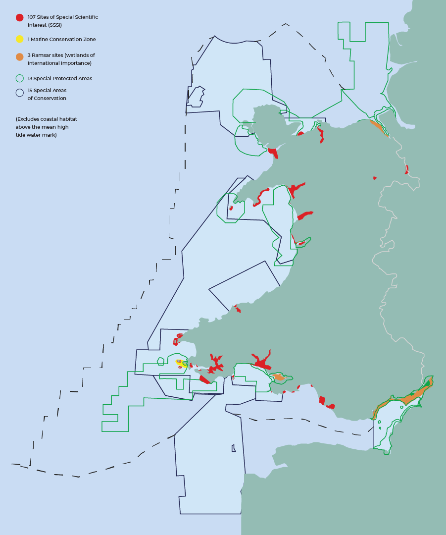 Map showing designated marine and coastal conservation sites around Wales, including SSSIs, Ramsar sites, Special Protected Areas and Special Areas of Conservation.