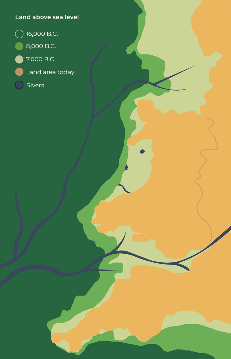Map showing land above sea level at 16,000 BC, 8,000 BC and 7,000 BC compared with present-day land area, with rivers marked.